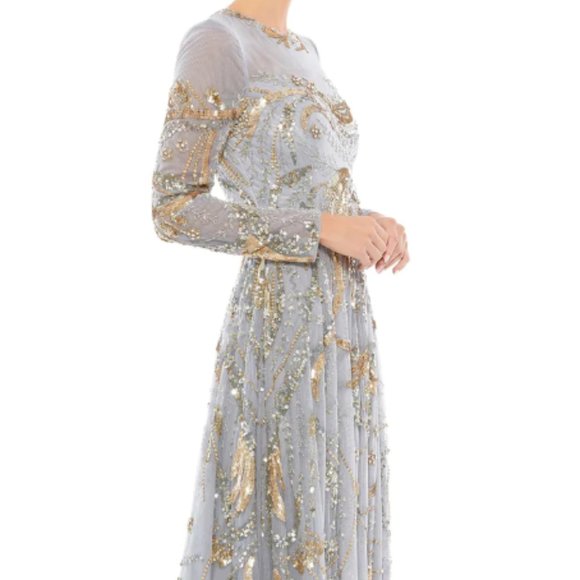 MAC DUGGAL 5217 LONG SLEEVE EMBELLISHED ILLUSIONS NECK PLATINUM/GOLD GOWN sz 18 - Picture 4 of 6